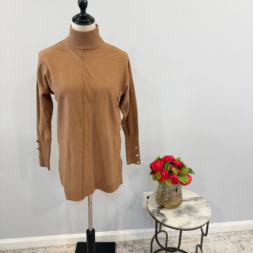 Ann Klein Sand Tan Oversized Turtle Neck Long Accent Buttoned Sleeves Sweater